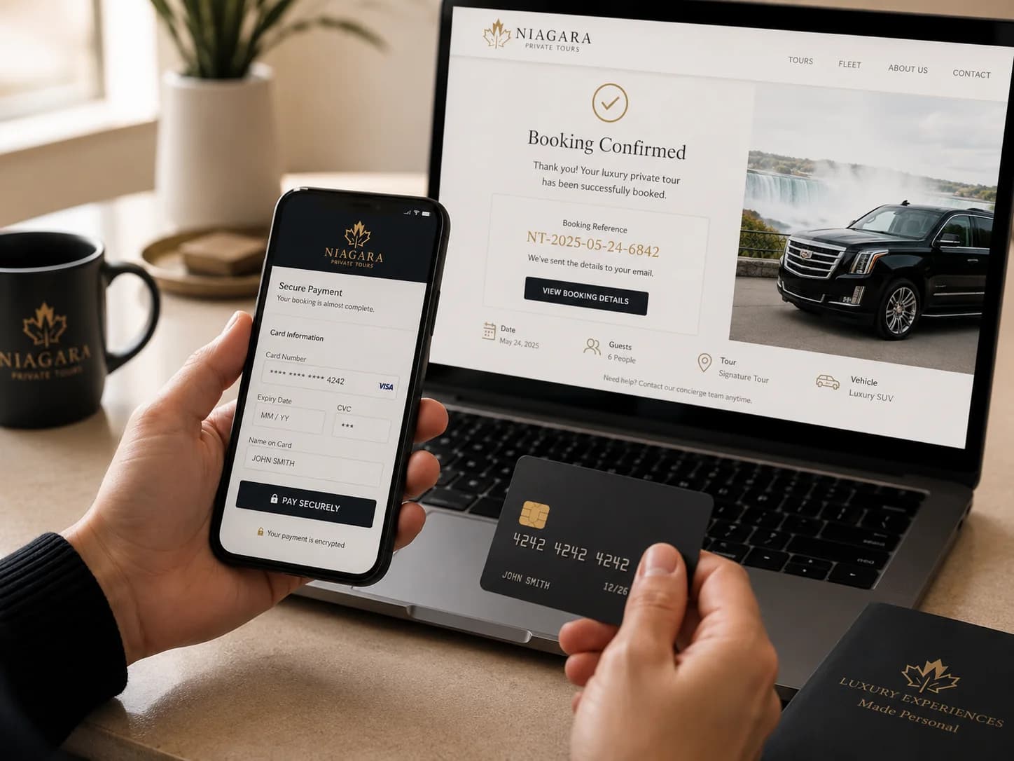 Secure payment planning shown on a phone and laptop