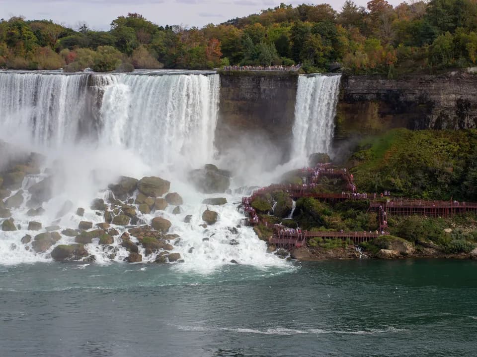 Niagara Falls viewpoint with small groups of visitors along the walking paths
